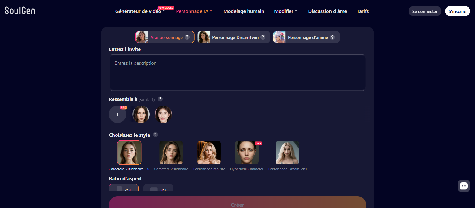 SoulGen character creation interface